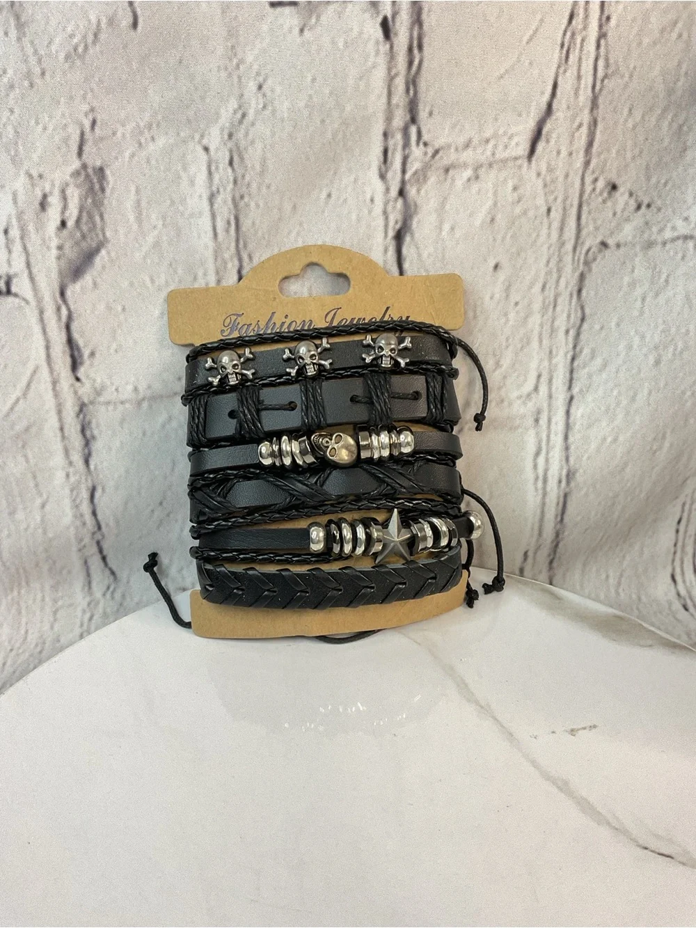 🌟🌟 Jewelry Black Leather Multi-Strand Skull & Star Bracelet